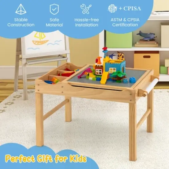 Costway Kids Multi Activity Play Table Wooden Building Block Desk w/ Storage Paper Roll image {6}