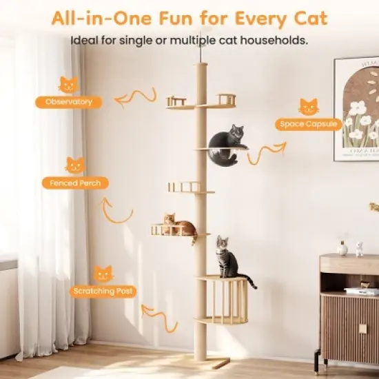 Heynemo Floor to Ceiling Cat Tree Tower with Acrylic Capsule, Adjustable Height, Sisal Scratching Posts, Multi-Level Design, Space-Saving Vertical image {3}