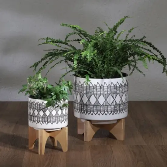 Geometric Ceramic Planter on Wooden Stand - Sagebrook Home image {5}
