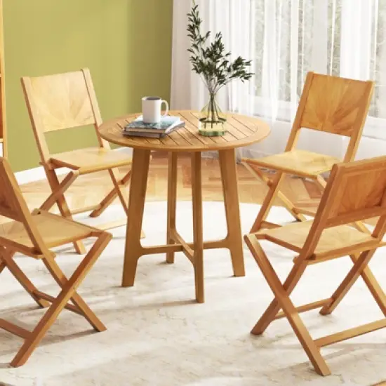 Tangkula 31.5" Patio Dining Table Round Teak Wood Dining Table w/ Slatted Tabletop Garden image {3}