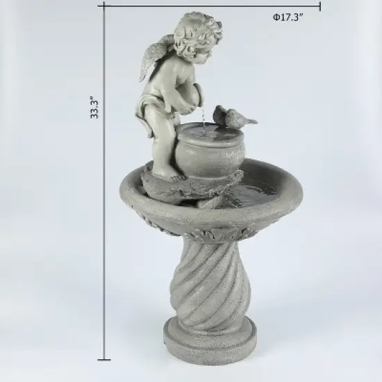 LuxenHome Gray Resin Cherub Birdbath Outdoor Fountain image {8}