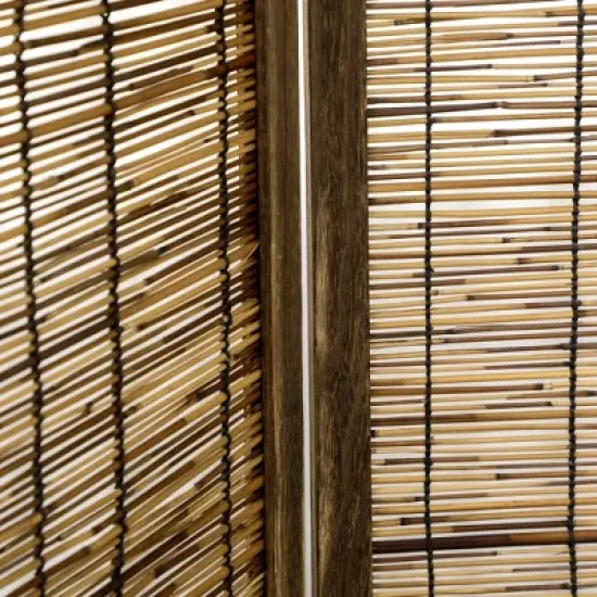 HOMCOM 5.5' Tall Room Divider with Wood & Hand Woven Reed, 4 Panel Folding Privacy Screens, Portable Partition Wall Divider image {4}