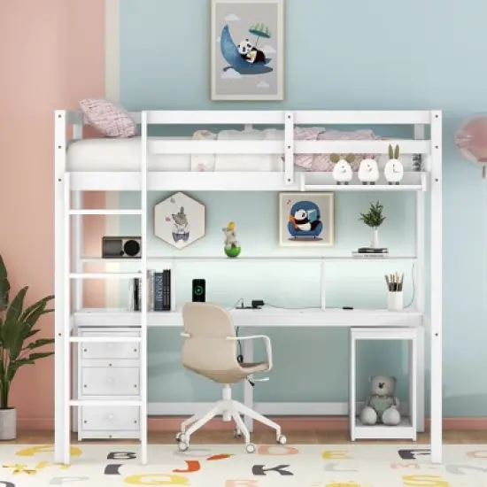Loft Bed with Multi-Function Storage Table, LED Lights, Bedside Tray and Charging Station, White - ModernLuxe image {1}
