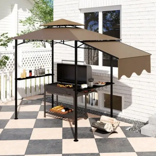 Outsunny 8' x 5' Grill Gazebo, Double Tiered Outdoor BBQ Gazebo with Side Awning, 2 Side Shelves and 6 Hooks for Patio, Deck, Yard, Brown image {5}
