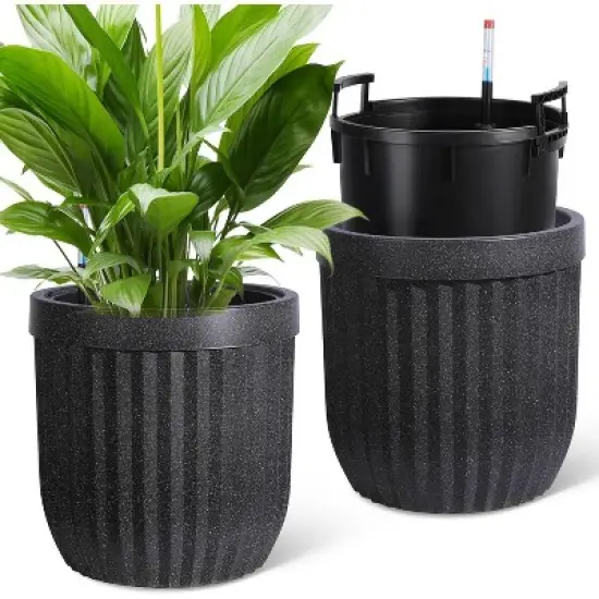 31" Marble Finish Self-Watering Planters Set of 2, Water Level Monitor, Ideal for Living Room, Office, Patio, Porch, and Garden, Black image {8}