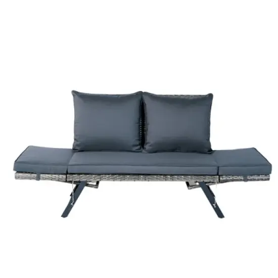 YOOCOZZ Outdoor Patio Wicker Rattan Bench & Loveseat with Side Foldable Armrests and Thick Cushions - Grey image {4}