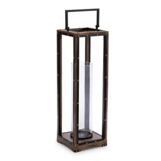 HomeRoots 25" Black And Brown Metal And Solid Wood Tabletop Lantern Candle Holder image {5}