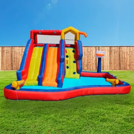 Banzai Twin Falls Kids Giant Outdoor Inflatable Dual Water Slide Splash Park with Climbing Wall, Water Cannons, and Basketball Hoop image {2}
