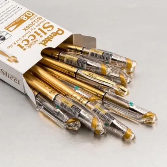 Pentel Arts Slicci METALLIC (0.8mm) Needle Tip Med Gel Pen, Gold Metallic Ink, Pack of 12 image {7}