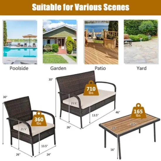 Costway 4PCS Patio Rattan Furniture Set Outdoor Conversation Set Coffee Table w/Cushions image {2}
