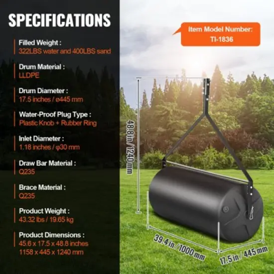 VEVOR Tow Behind Lawn Roller, 400lbs Sand/Water Filled Yard Roller, LLDPE Drum and Steel Frame Sod Roller with Easy-turn Plug, Black image {7}
