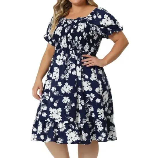 Agnes Orinda Plus Size Dress for Women Flared Flowy Smock Ruffle Sleeve Floral Dresses image {7}