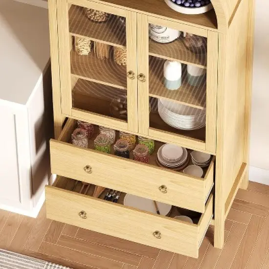 Arched Pantry Cabinet, 71" Tall Freestanding Food Storage Cabinet with 2 Large Drawers, Versatile Cupboard for Dining Room, Natural image {3}