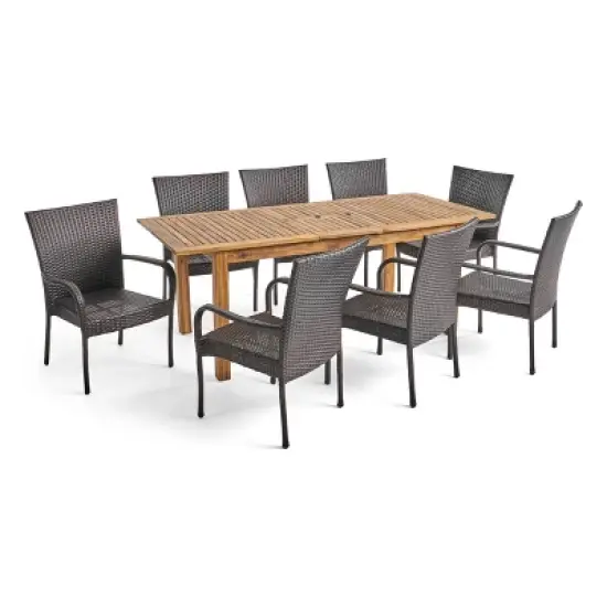 Hayes 9pc Wood & Wicker Expandable Dining Set - Natural/Brown - Christopher Knight Home image {1}