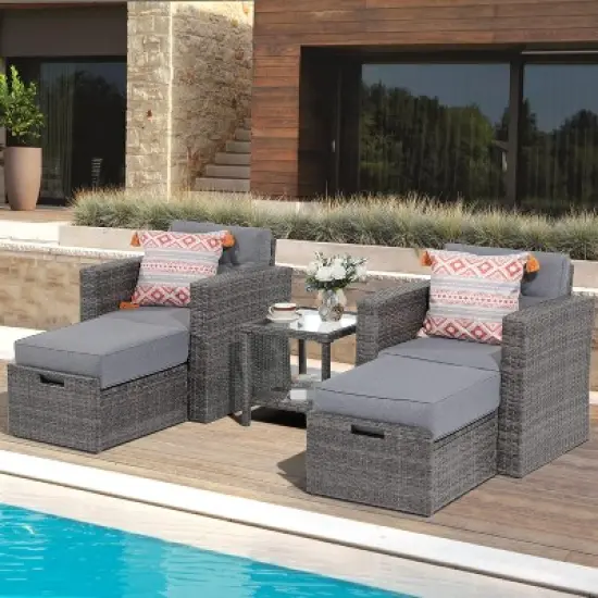SUGOLD Super Patio 5 Piece Wicker Outdoor Sofa Set, Patio Conversation Set with Ottoman Set, Outdoor Couch Set with Tempered Glass Side Table for image {1}
