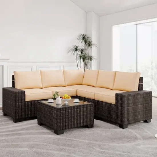 6 Pieces Outdoor Patio Furniture Set, Wicker Patio Conversation Set Sectional Sofa, Brown Patio Sofa with 5 Navy Blue Cushions and 1 Coffee Table image {5}