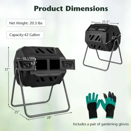 Costway 42-Gal Compost Bin Dual Chamber Composting Tumbler with 2 Sliding Doors Metal Frame Black/Green image {2}
