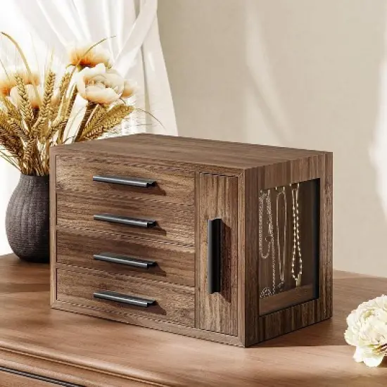 Jewelry Box for Women, Wooden Jewelry Organizer with Transparent Window, 4-Layer image {2}