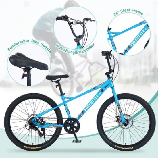 NAYSAYE Bicycle Freestyle Kids Bike Double Disc Brakes 26 Inch for Boys and Girls for Outdoor Fun, Blue, 68.8"*26.77"*47.6" image {1}
