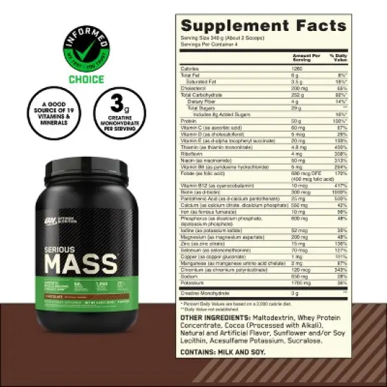 Optimum Nutrition Serious Mass 100% Whey Protein Powder - Chocolate - 2.96lbs - 4 Servings image {5}