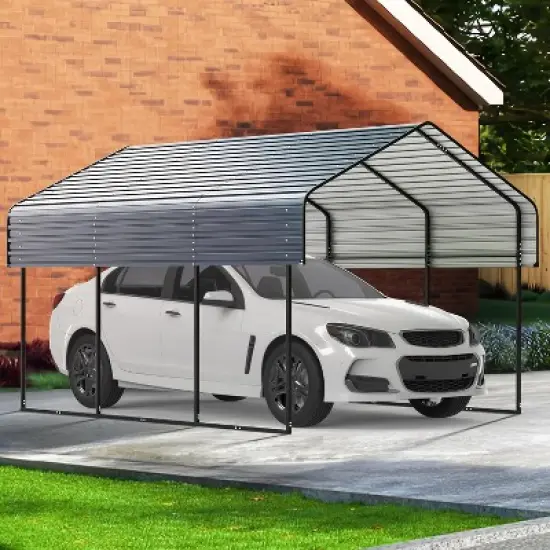 Real Relax Heavy Duty Metal Carport, Outdoor Garage Car Shelter Shade with Heavier Metal Frame, Galvanized Metal Roof for Car and Boats, Grey image {8}