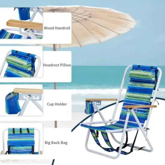 FURNIinspire Outdoor Portable Chair 4 Position Reclining with Cup Holder for Outdoor Relaxation, Blue Green Stripes, 23"*21.7"*31.5" image {2}