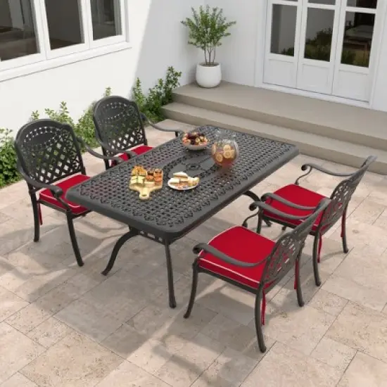 7-Piece Cast Aluminum Outdoor Dining Set with Red Cushions, Rectangle Table & Stackable Chairs - for Patio, Backyard image {10}