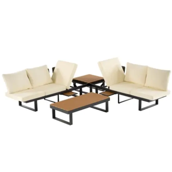 DSVIMOY Patio Conversation Set, Patio Seating Group, Outdoor Daybed with Adjustable Reclining Seats for Backyard, Beige, 100.8"*27.6"*29.1" image {3}