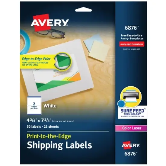 Avery Shipping Labels, Sure Feed Technology, Print to the Edge, Permanent Adhesive, 4-3/4" x 7-3/4", 50 Labels (6876) image {9}