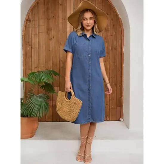 INSPIRE CHIC Women's Midi Denim Summer Short Sleeve Button Down Casual Long Tunic Jean Shirt Dress image {2}