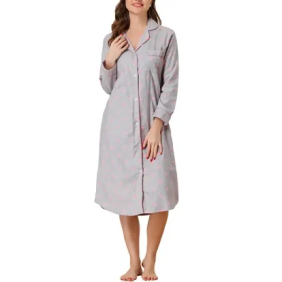 cheibear Womens Button Down Plaid Heart Printed Shirtdress Sleepshirt Loungewear Pajama Shirt Dress image {6}
