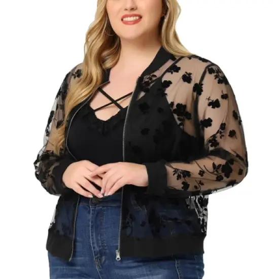 Agnes Orinda Women's Plus Size Bomber Mesh Sheer Floral Lace Long Sleeve Jackets image {1}