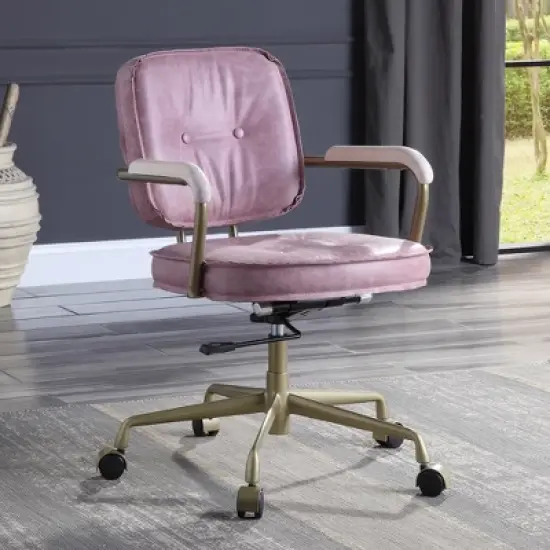 Simple Relax Top Grain Leather Office Chair with Armrests in Pink and Gold image {1}