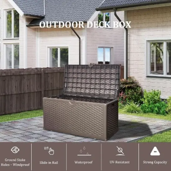 80 gallon professional lockable resin deck box, waterproof outdoor storage box for terrace furniture and garden tools, Brown, Blow molded image {2}