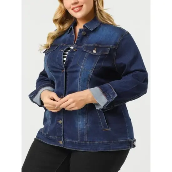 Agnes Orinda Women's Plus Size Outerwear Button Front Washed Denim Jean Jacket image {1}