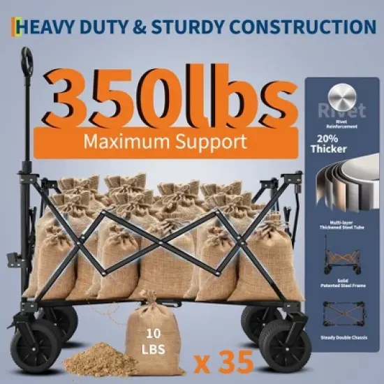 Heavy Duty Utility Beach Wagon Cart - Collapsible Wagon Beach with All Terrain Wheels, Extra Long Wagon Cart Foldable, Cup Holders for Sand image {5}