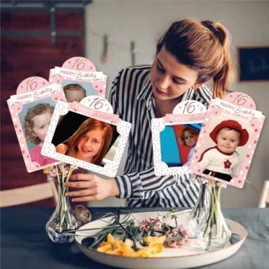 Big Dot of Happiness 16th Pink Rose Gold Birthday Party Picture Centerpiece Photo Table Toppers 15 Pc image {1}