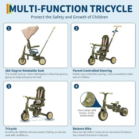 7-in-1 Foldable Baby Tricycle w/ Adjustable Parent Handle, Safety Harness & Wheel Brakes - Toddler Trike w/ Removable Canopy for Boys & Girls image {2}