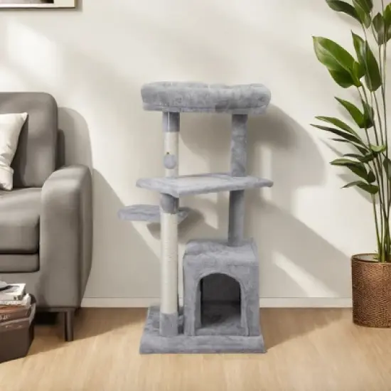 FURNIinspire Pet Tower Double Level Cat Tree Stand, Pet Tower Pet Furniture Kittens Activity Tower, Kitty Pet Play House, Gray, 15.7"*15.7"*31.4" image {5}