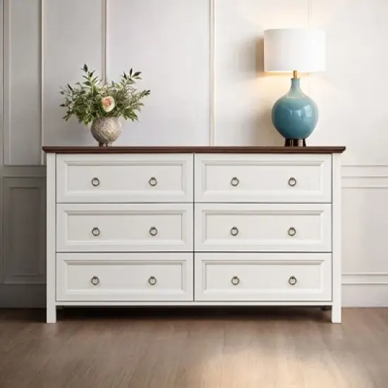 Resenkos Farmhouse 6 Drawers Dresser for Bedroom, Wood Vintage Wide Storage Dressers Organizer, Antique White image {3}