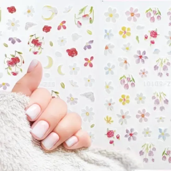 Unique Bargains Self-Adhesive Floral Pattern Nail Art Stickers White Red 2 Pcs image {3}