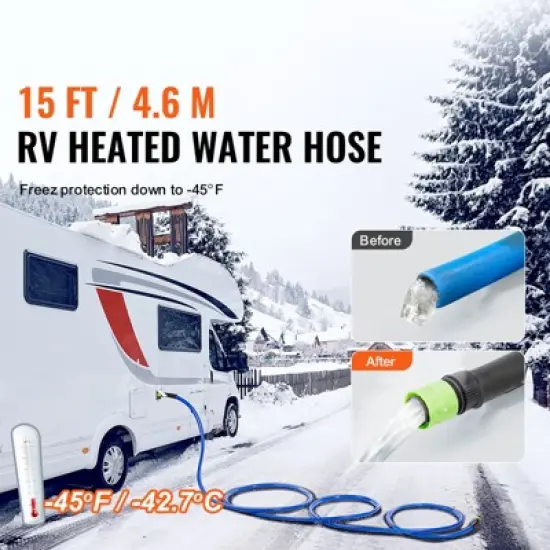VEVOR 15ft Heated Water Hose for RV,Heated Drinking Water Hose Antifreeze to -45&deg;F, Automatic Self-regulating, 5/8" I.D. with 3/4" GHT Adapter, Blue image {2}