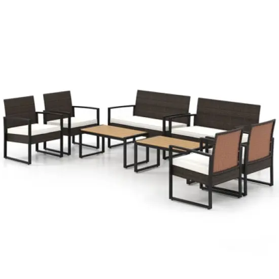 Tangkula Set of 8 PE Rattan Patio Conversation Set Outdoor Porch Chairs Loveseat with Coffee Table and Soft Cushions Metal Frame image {10}