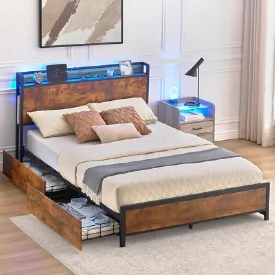 Full Queen Bed Frame with Storage Drawers and Charging Station, LED Light Bed with Storage Headboard, Platform Bed with Strong Wood Slats Support image {9}