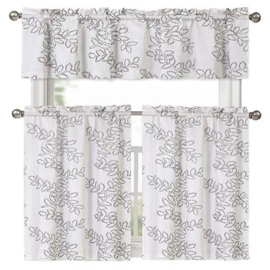 Kate Aurora Shabby Living Brielle Complete 3 Piece Embroidered Floral Cafe Kitchen Curtain Tier & Valance Set image {2}