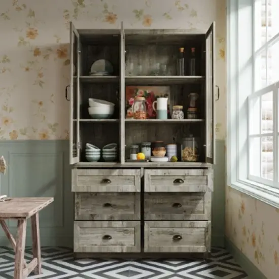 Famapy Vintage Kitchen Cabinet,Adjustable Shelves & Glass Doors,Multi-Drawer Large-Capacity Kitchen Storage Solution,Antique-Style Kitchen Pantry image {11}