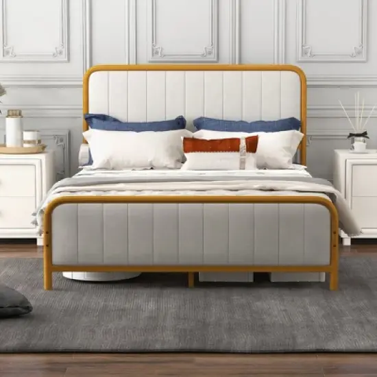 Costway Full Gold Metal Bed Frame Upholstered Platform Bed with Velvet Headboard image {3}