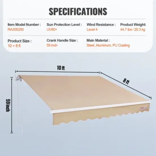 VEVOR Manual Retractable Awning, 10 x 8 ft Outdoor Patio Awning Retractable Sun Shade,Polyester Patio Door Window Awning Sunshade Shelter image {7}