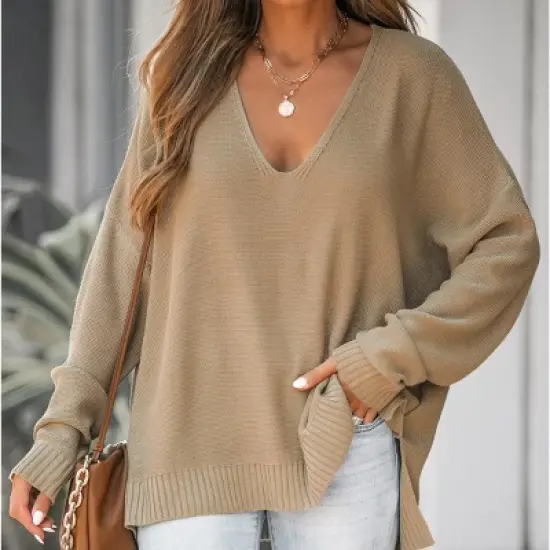 Women's V Neck Split Trim Oversized Sweater - Cupshe -Light Brown image {1}