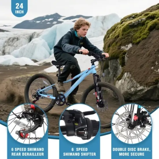 YONWAY 24 inch Mountain Bike With 6-speed Adjustable Seat, Fork High Carbon Steel Frame Bicycle,With Dual Disc Brake,Teenager Bicycle,For Boys Girls image {3}